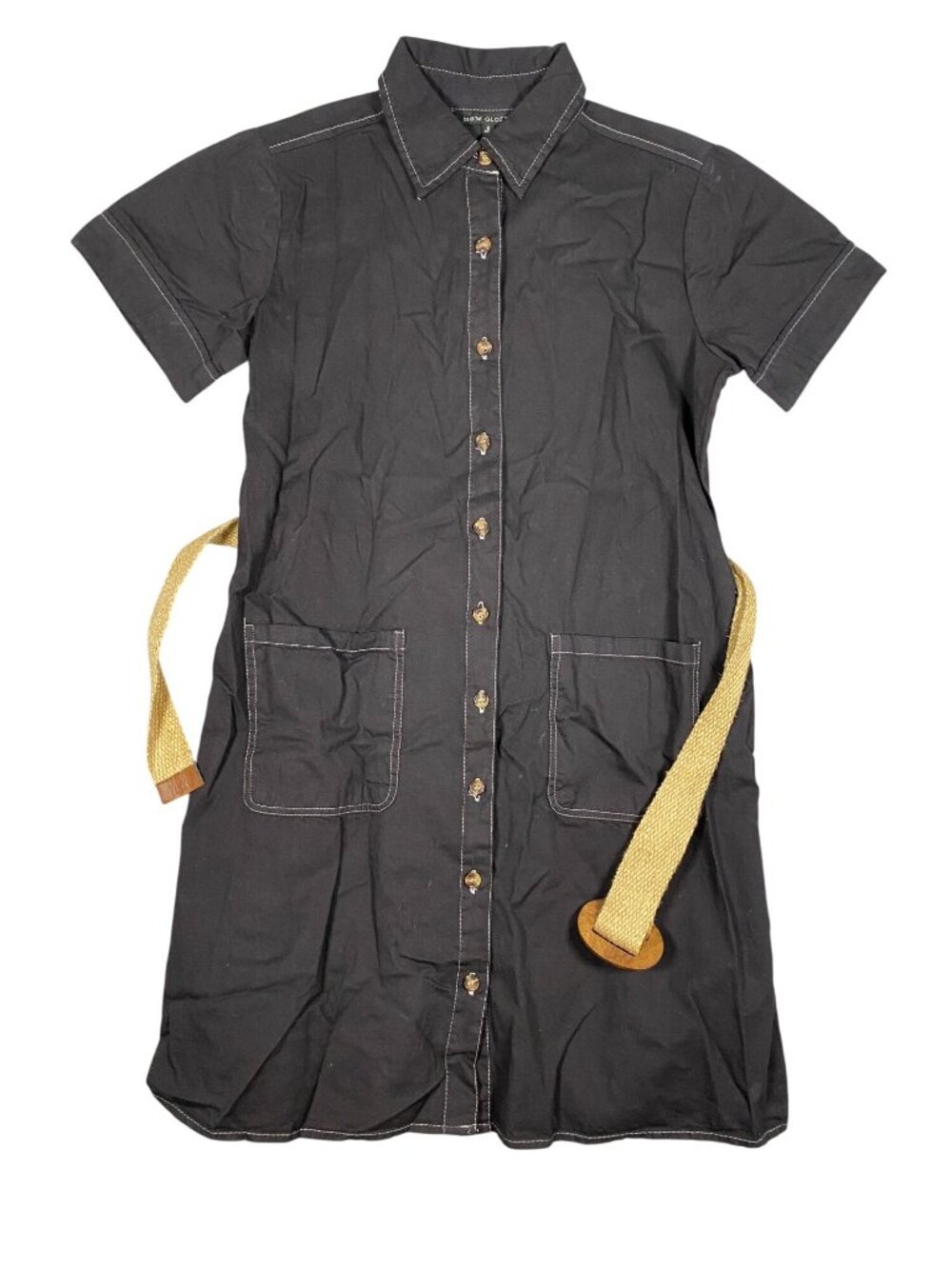 New Glory Black Shirt Dress Belt Short Sleeves Button Front Cotton Fabric S - Picture 2 of 8